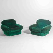 Pair of plump lounge fauteuils in green velvet, Italy 1970s