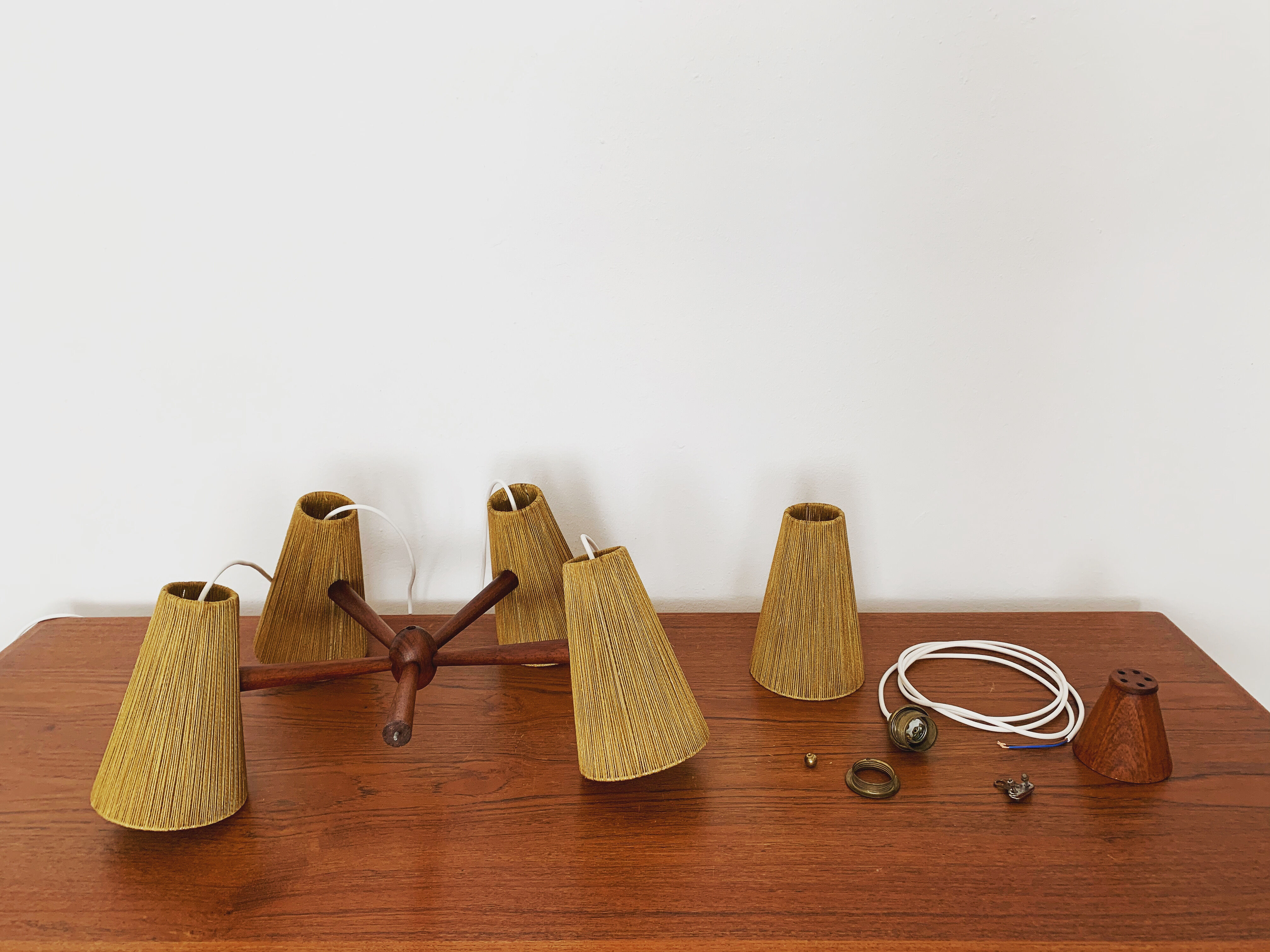 Teakwood and raffia bast chandelier by Temde