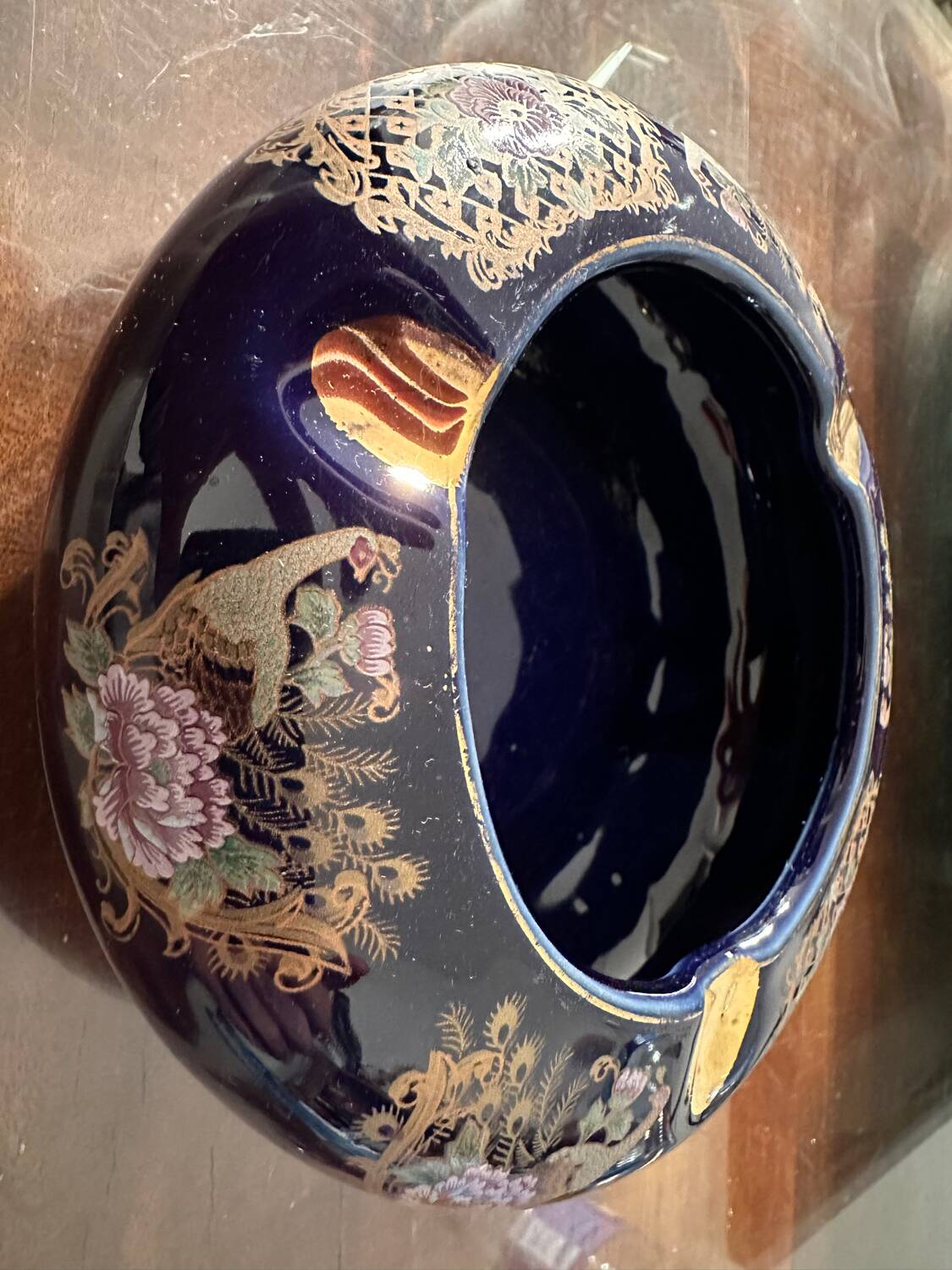 Cobalt Blue Enameled Ashtray, Golden Peacock and Floral Decor - Vintage Italy