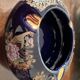 Cobalt Blue Enameled Ashtray, Golden Peacock and Floral Decor - Vintage Italy