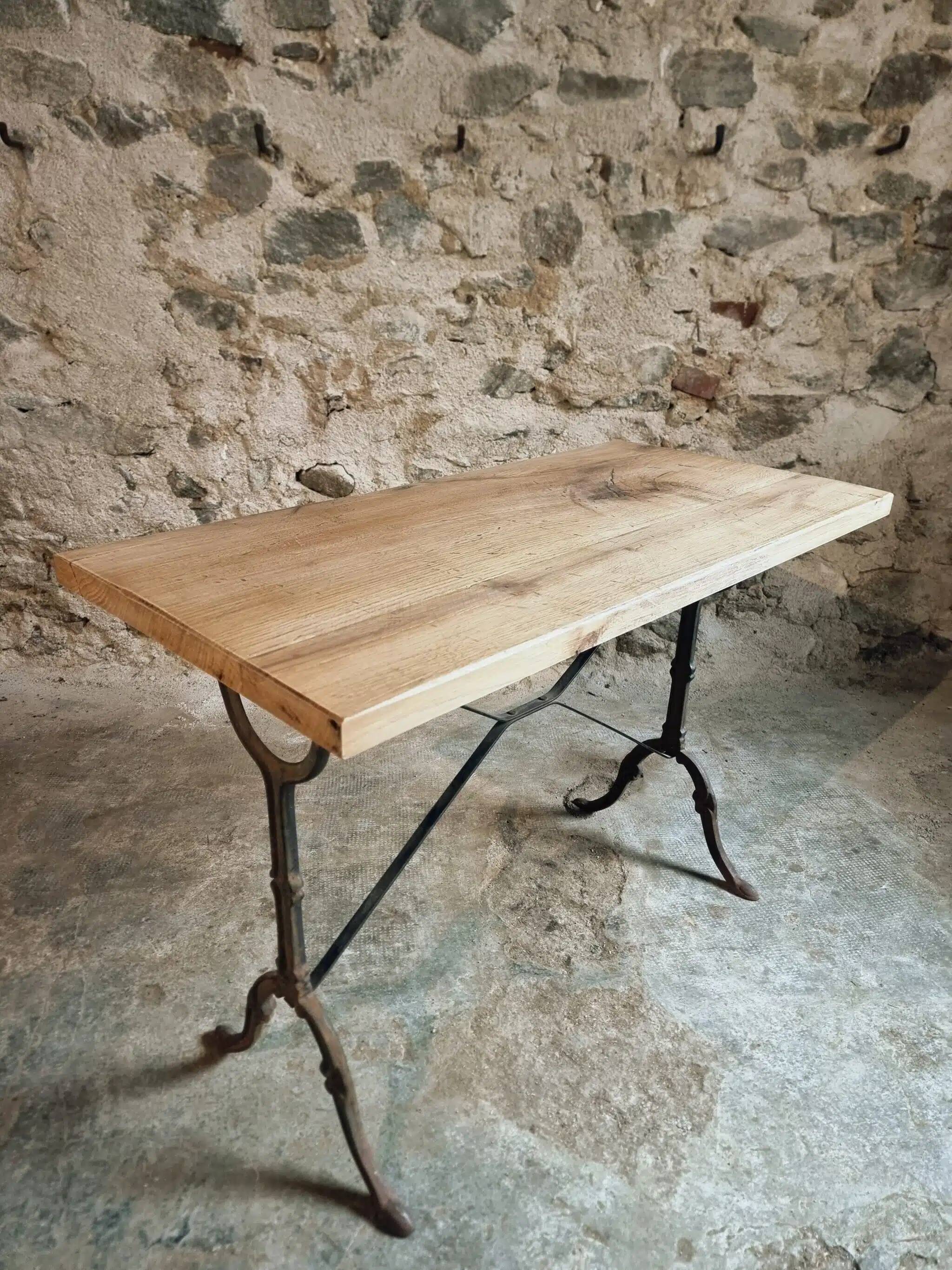 Vintage French bistro table - 1960s/70s cast iron base with solid oak top - retro coffee or wine table