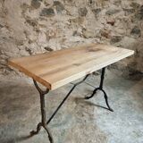 Vintage French bistro table - 1960s/70s cast iron base with solid oak top - retro coffee or wine table