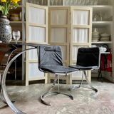 2 chairs in chromed metal and black woven skaï 1970s