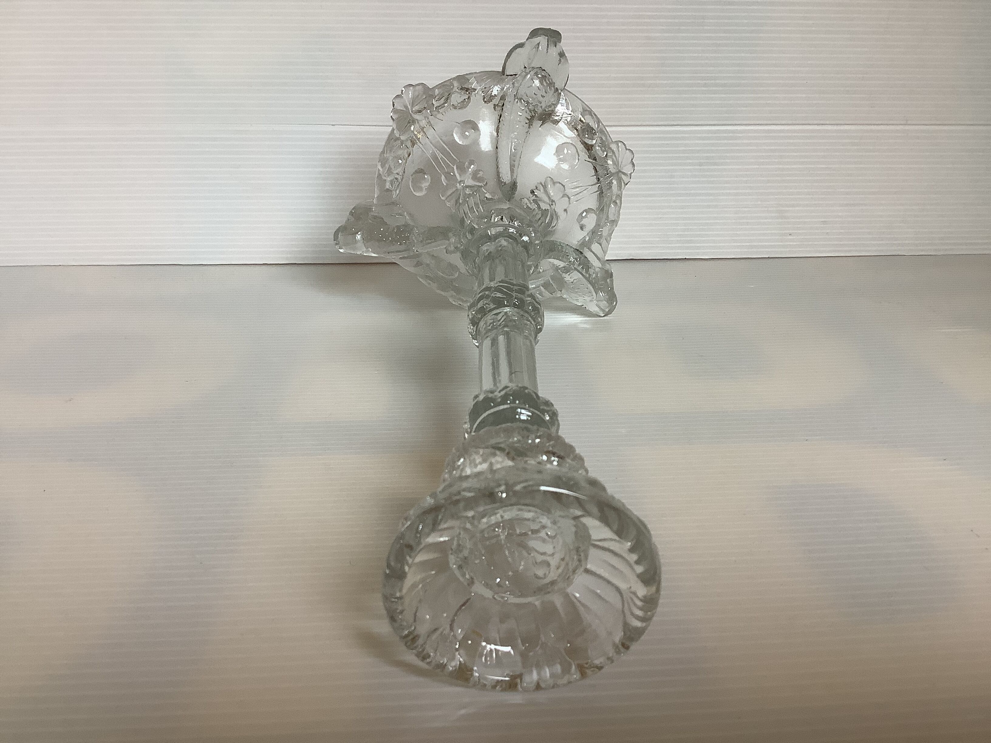 Molded glass candle holder thick fish and flowers
