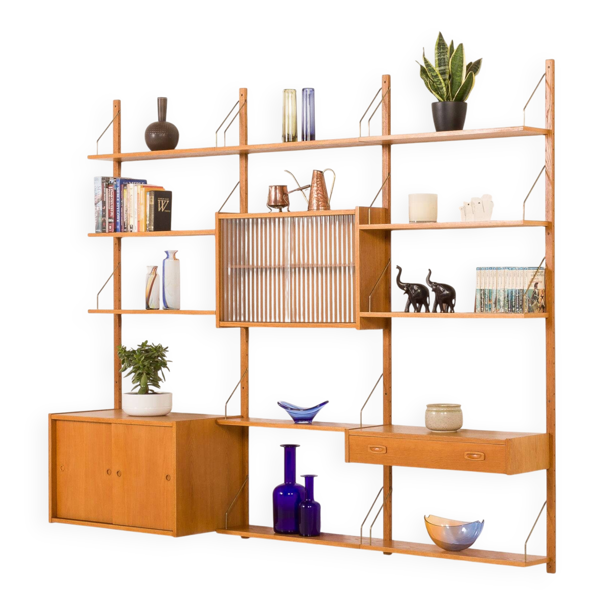 Scandinavian oak wall unit by PS System, Randers, Denmark, 1970s