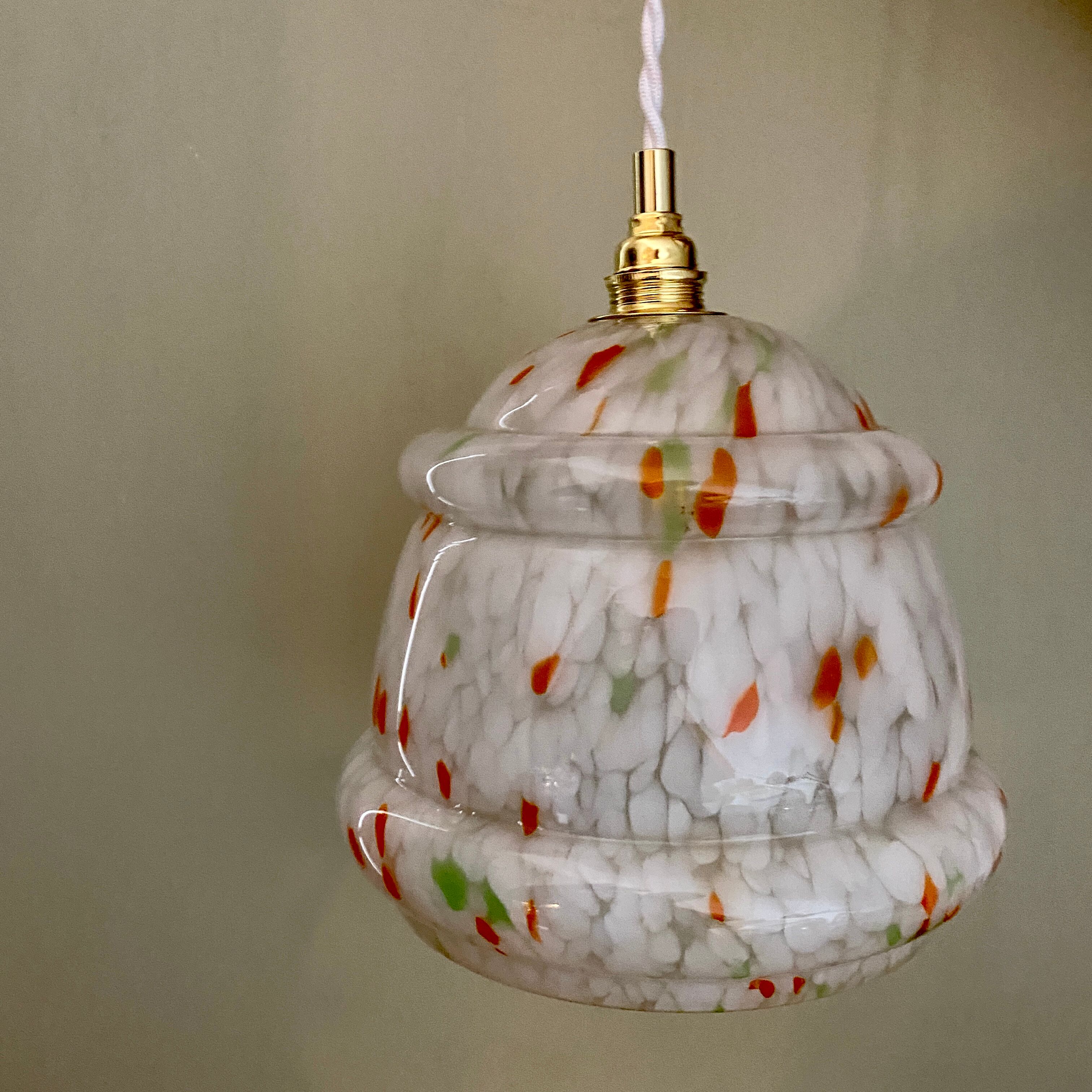 Vintage Clichy glass globe pendant lamp white orange and green