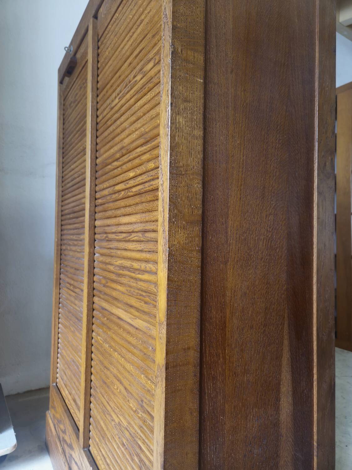 Antique 1950s double sliding door filing cabinet with curtains