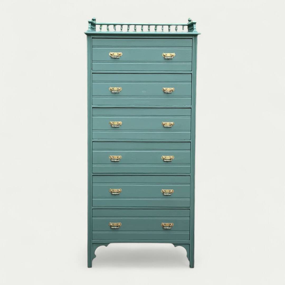 Old grey green high chest of drawers H160