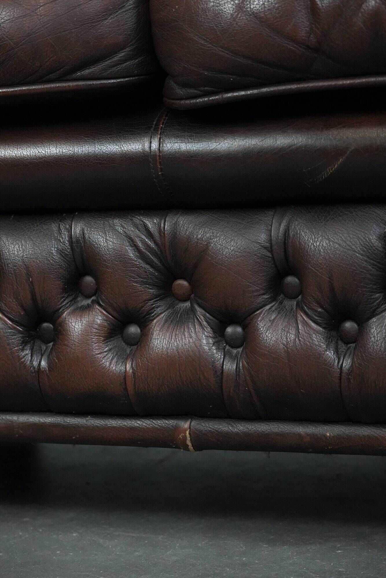 Dark brown cow leather vintage 2-seater Chesterfield sofa in English style