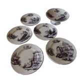 Anciennes assiettes plates en faïence terre de fer et compotier