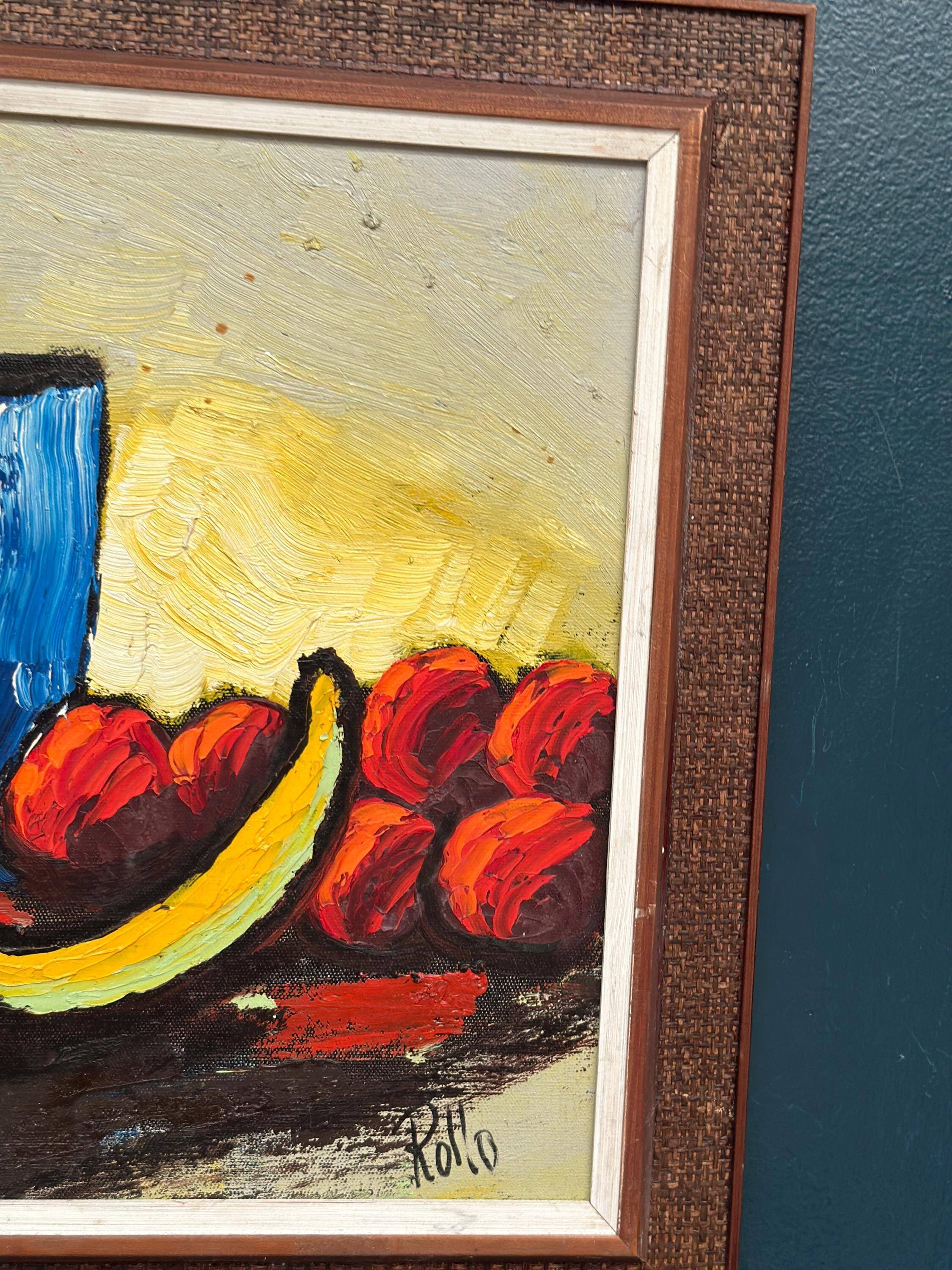 Huile sur toile originale suédoise – « Nature morte avec fruits et vase » par Rollo