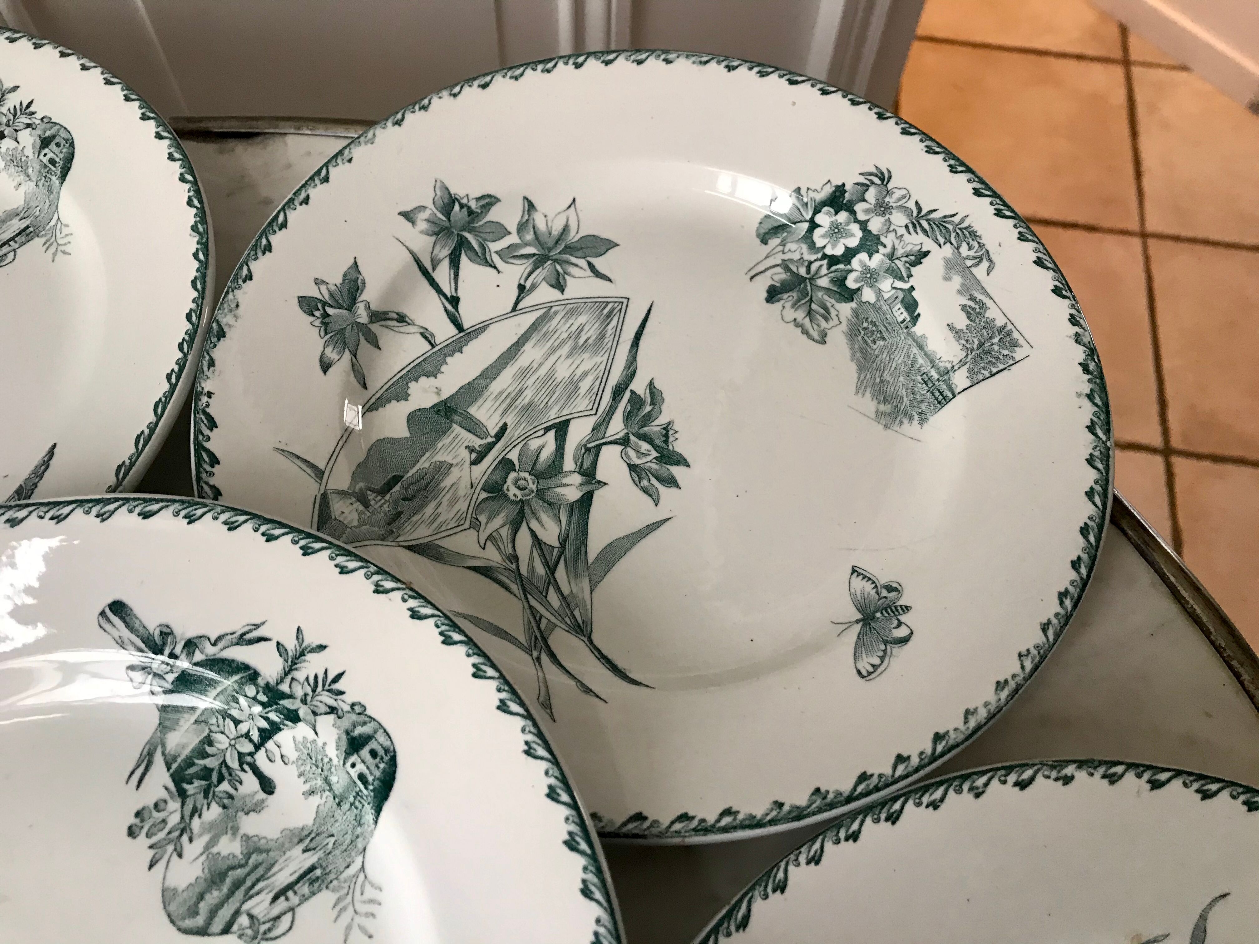 Set of 6 flat plates terre de fer saint-amand model "cartels" xixth
