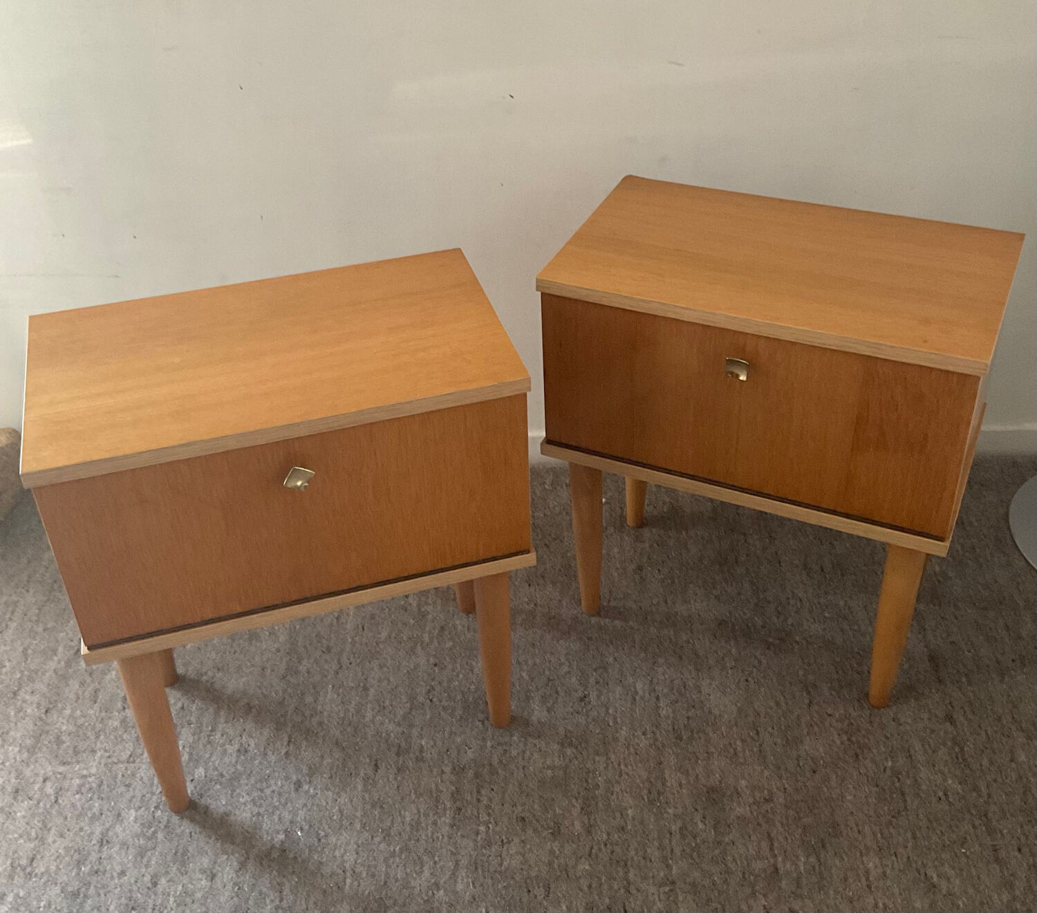 Pair of vintage blond wood bedside tables 70s