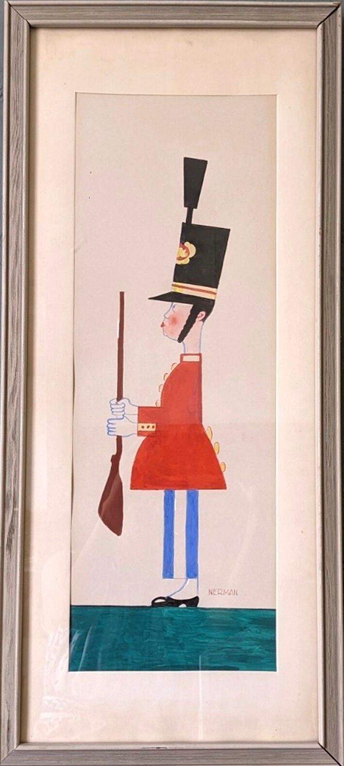 Mid-century modern swedish "The royal guard" vintage figurative watercolor & gouache painting