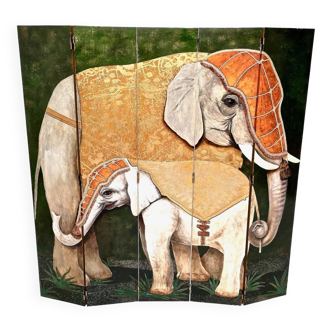 Postmodern five-panel room divider by doro with two asiatic elephants, italy