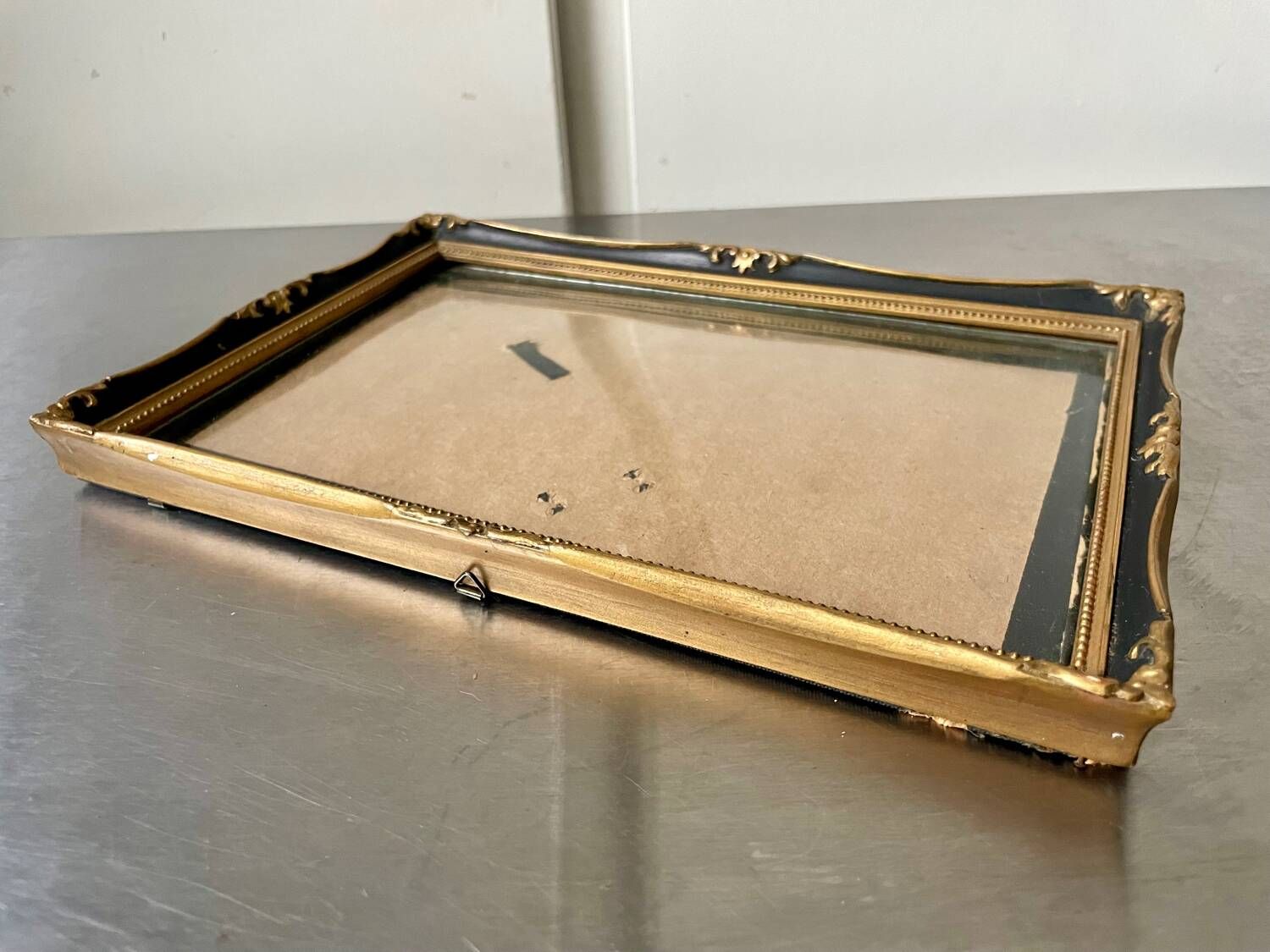 Antique black & gold wooden frame   24 cm x 16 cm convex glass
