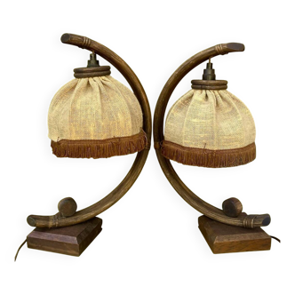 Paire de lampes de chevet en bambou et jute, années 70