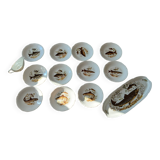 11 dinner plates, one large oval dish, and one gravy boat.