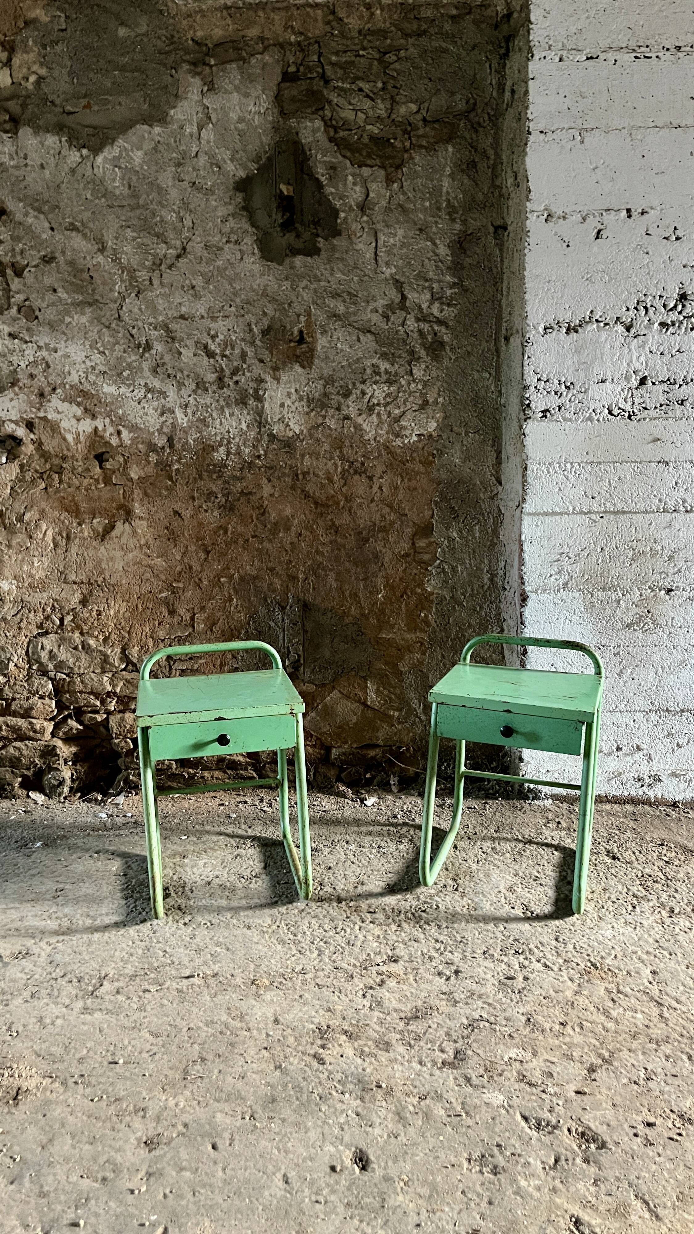 Pair of vintage industrial bedside tables in the Jean Prouvé style