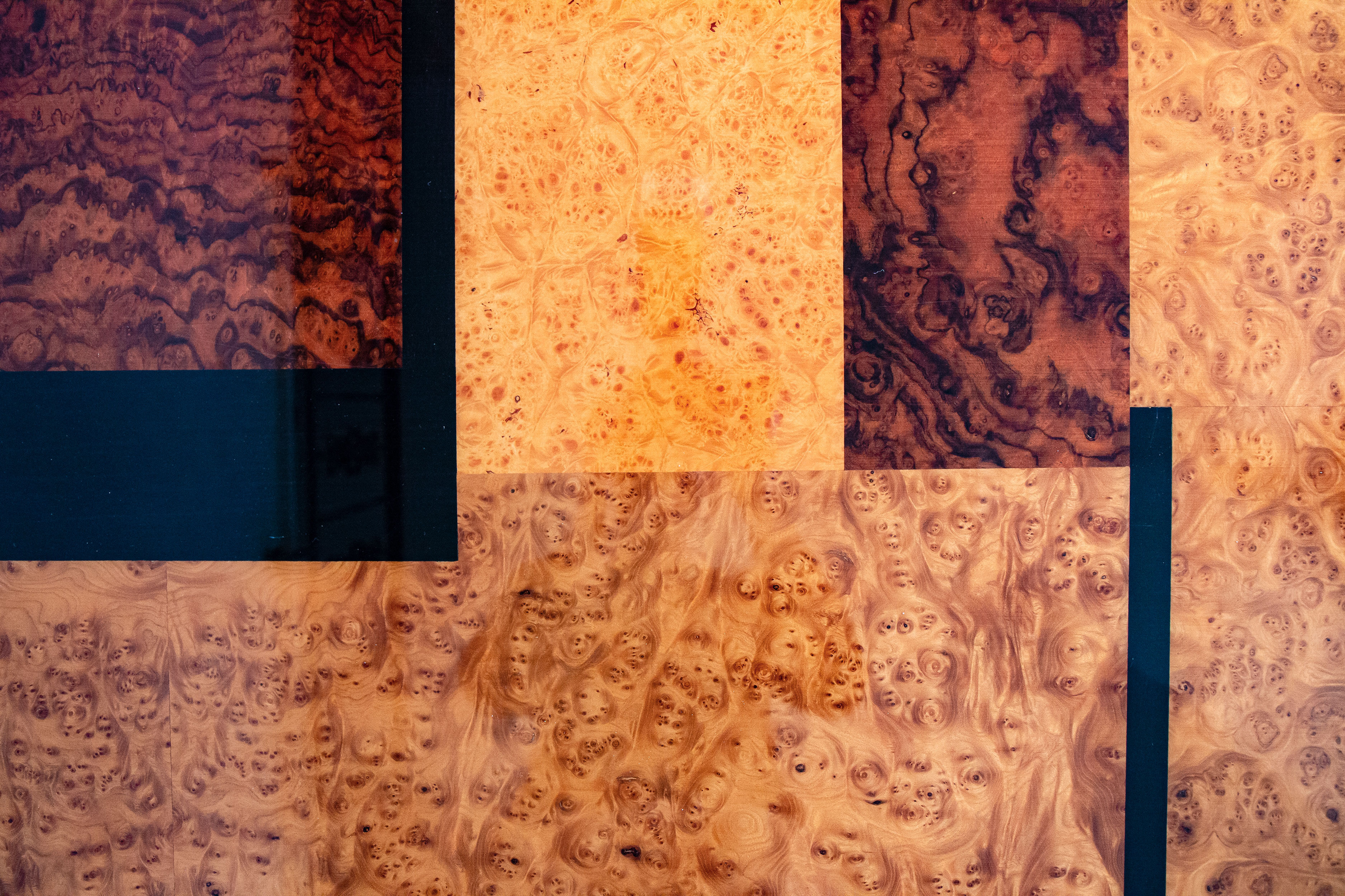 Coffee table, elm magnifying glass marquetry, bramble and black lacquer, 1980