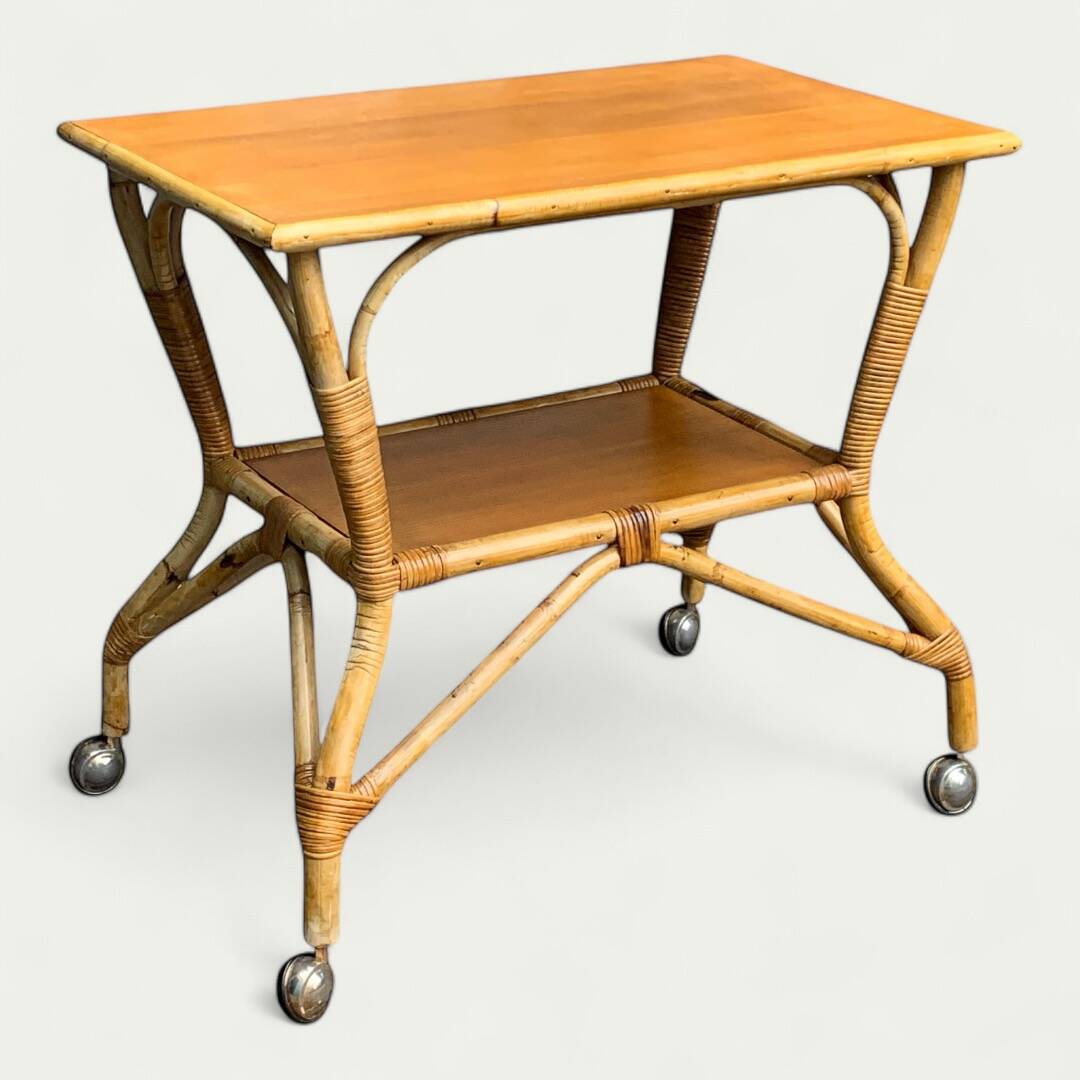 Vintage rattan and oak serving trolley 1960