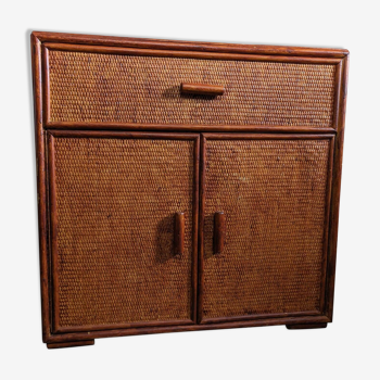 Rattan chest of drawers with one large drawer and two hinged doors - mahogany color