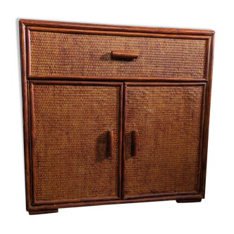 Rattan chest of drawers with one large drawer and two hinged doors - mahogany color