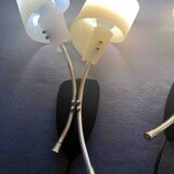 Pair of "vintage" wall lights in brass, perspex, and black bakelite, France Mid-Century