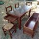 Solid oak farmhouse table + storage bench + 3 chairs + 1 stool