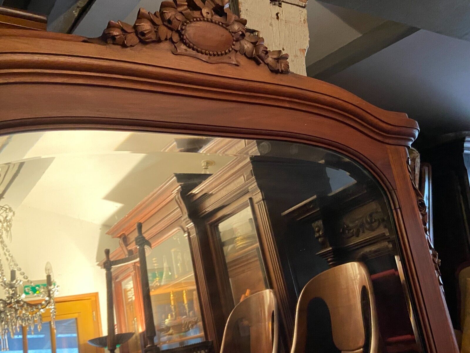 Beveled mirror trumeau fireplace glass in solid walnut Louis XVI style