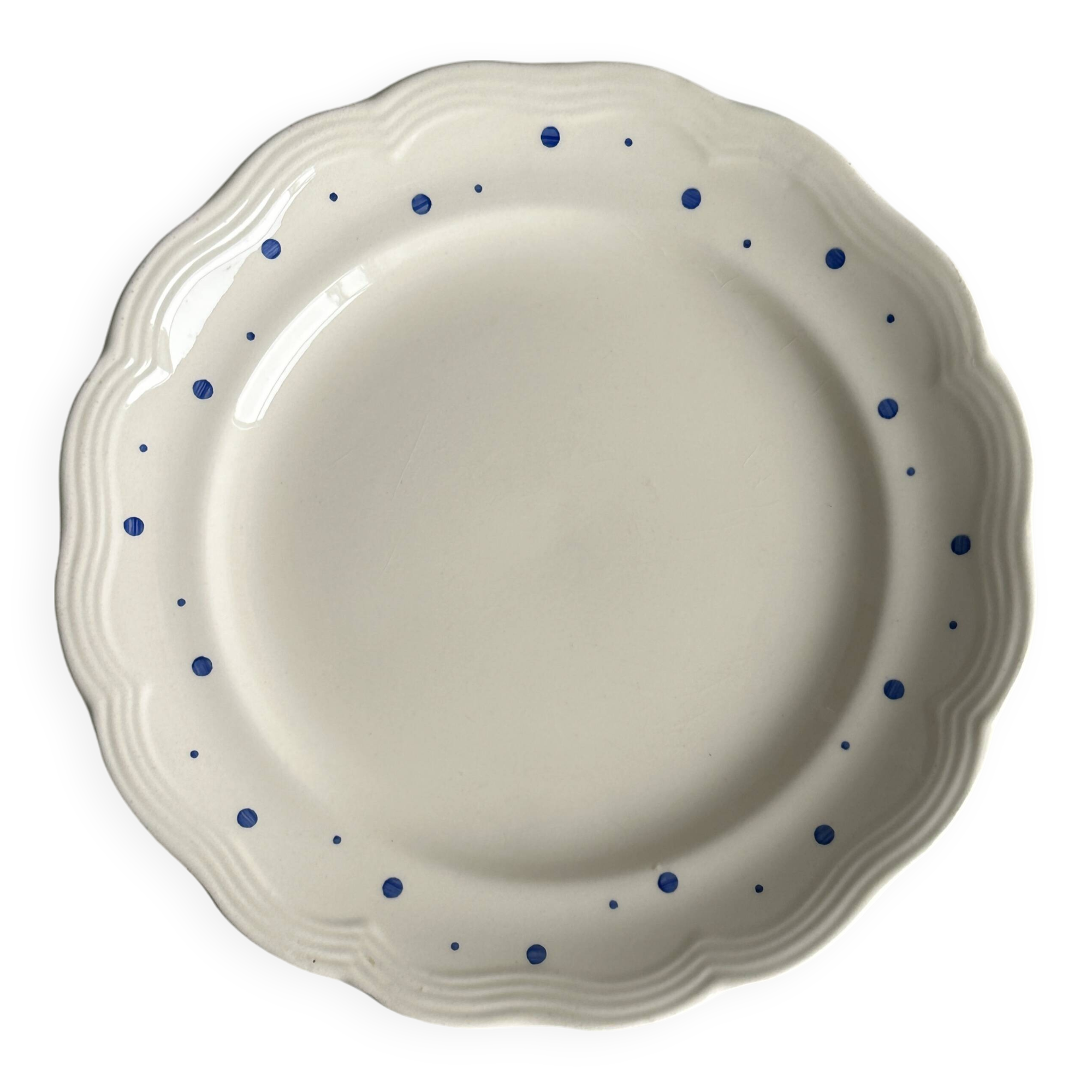 Vintage blue polka dot plate with scalloped edge