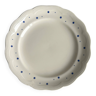 Assiette vintage à pois bleus, bord festonné