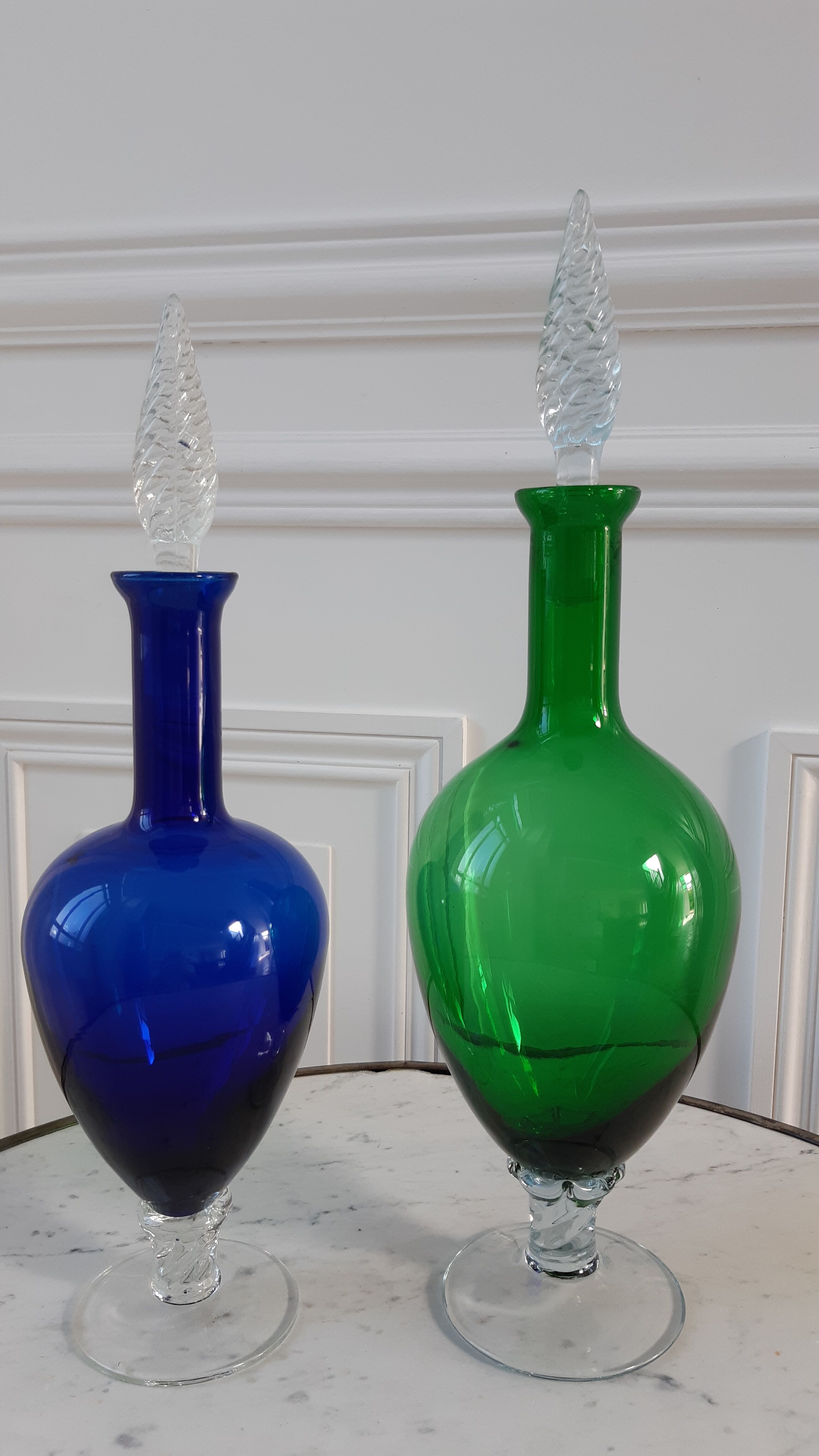 Duo of royal blue and green polished glass decanters 60s-70s