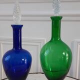 Duo of royal blue and green polished glass decanters 60s-70s