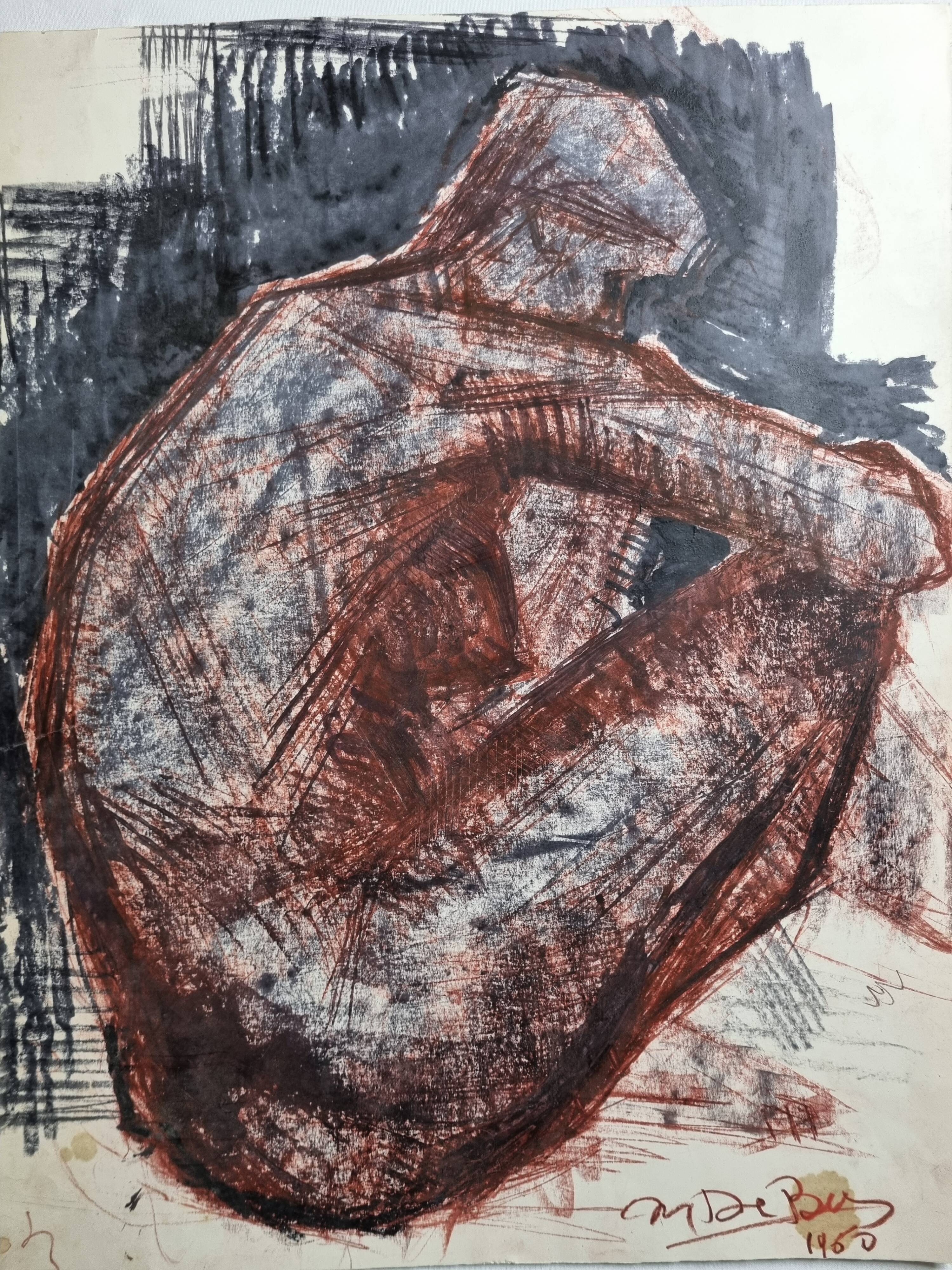 Charcoal and red chalk nude study signed by Maurice de Bus, 1960, 47 x 60 cm