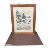 Ancien tableau / dessin sur papier signé et daté 1960. Montagne, chalet, hiver