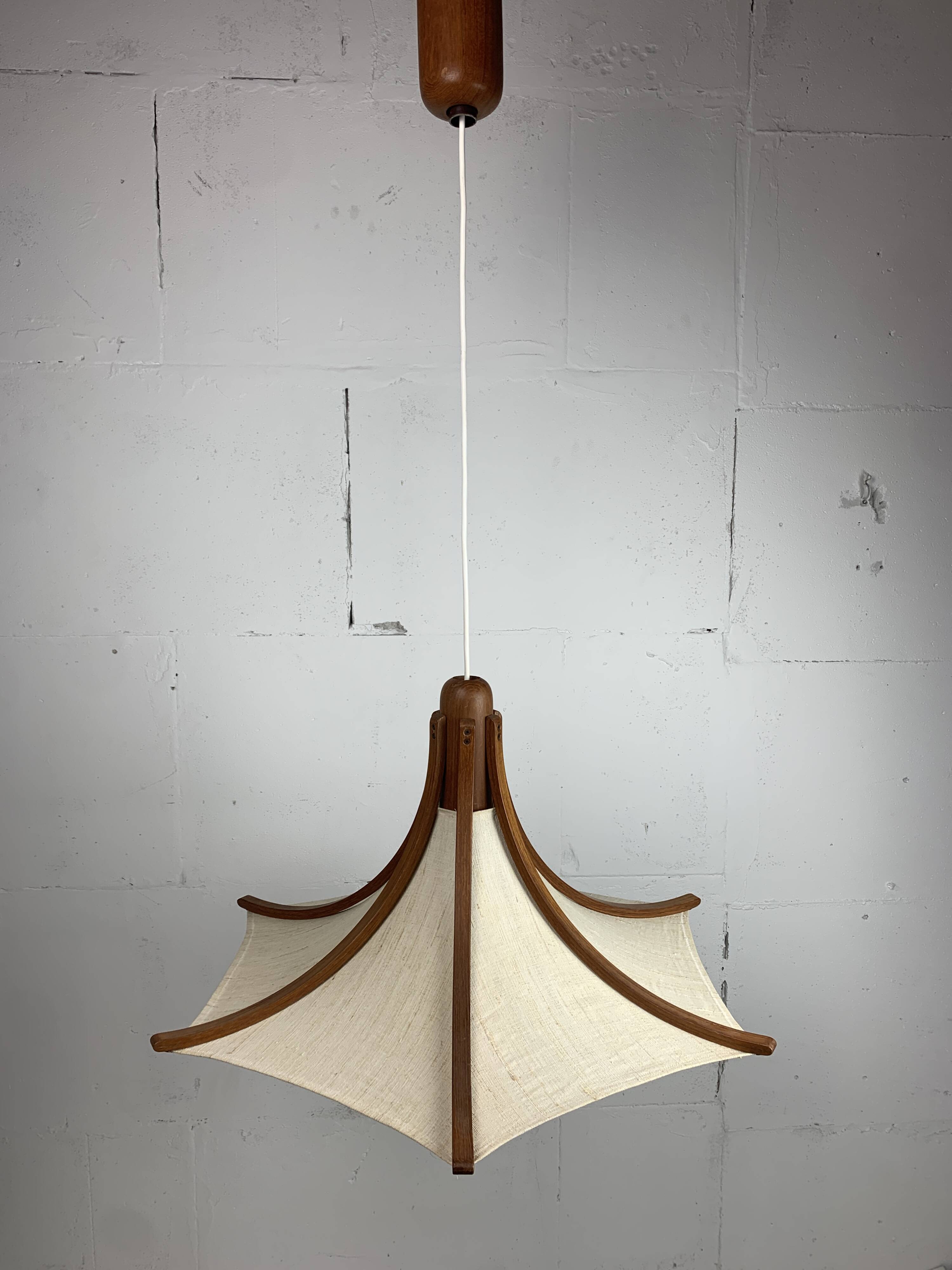 Teak and linen umbrella pendant hanging lamp by Domus, 1970s