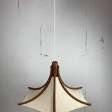 Teak and linen umbrella pendant hanging lamp by Domus, 1970s