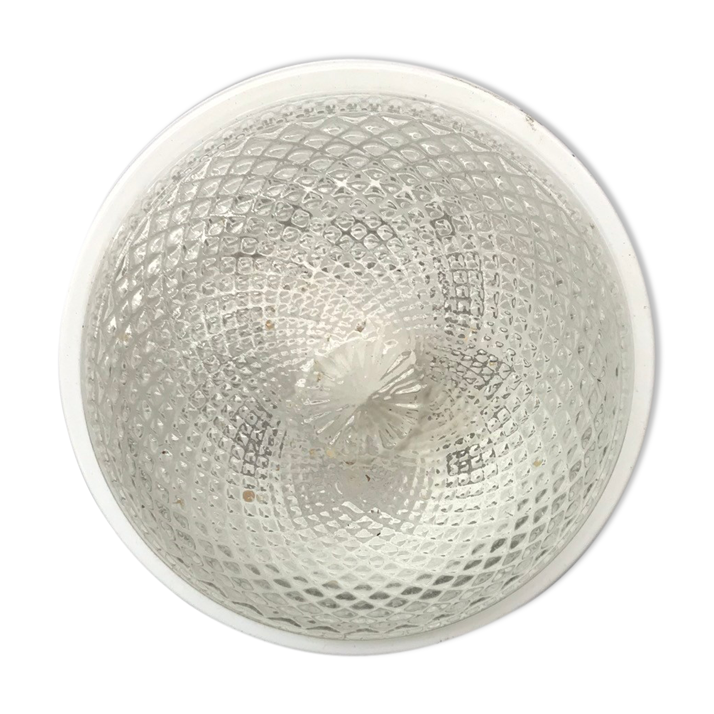 Plafonnier rond verre moulé avec support métal blanc vintage