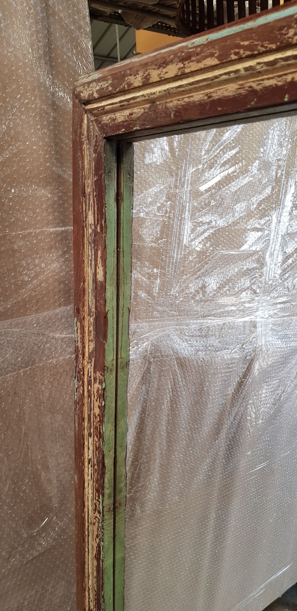 Old Burmese teak mirror with beautiful blue polychromy & original ecru 89x149cm