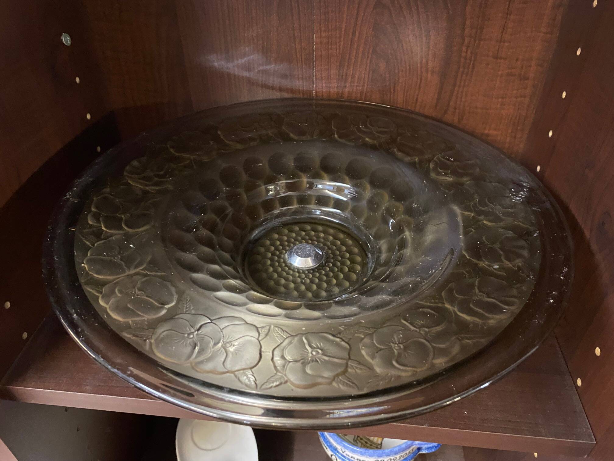 ART DECO FRUIT BOWL SMOKED GLASS PETUNIAS DECOR CHROME FOOT ROUND SHAPE