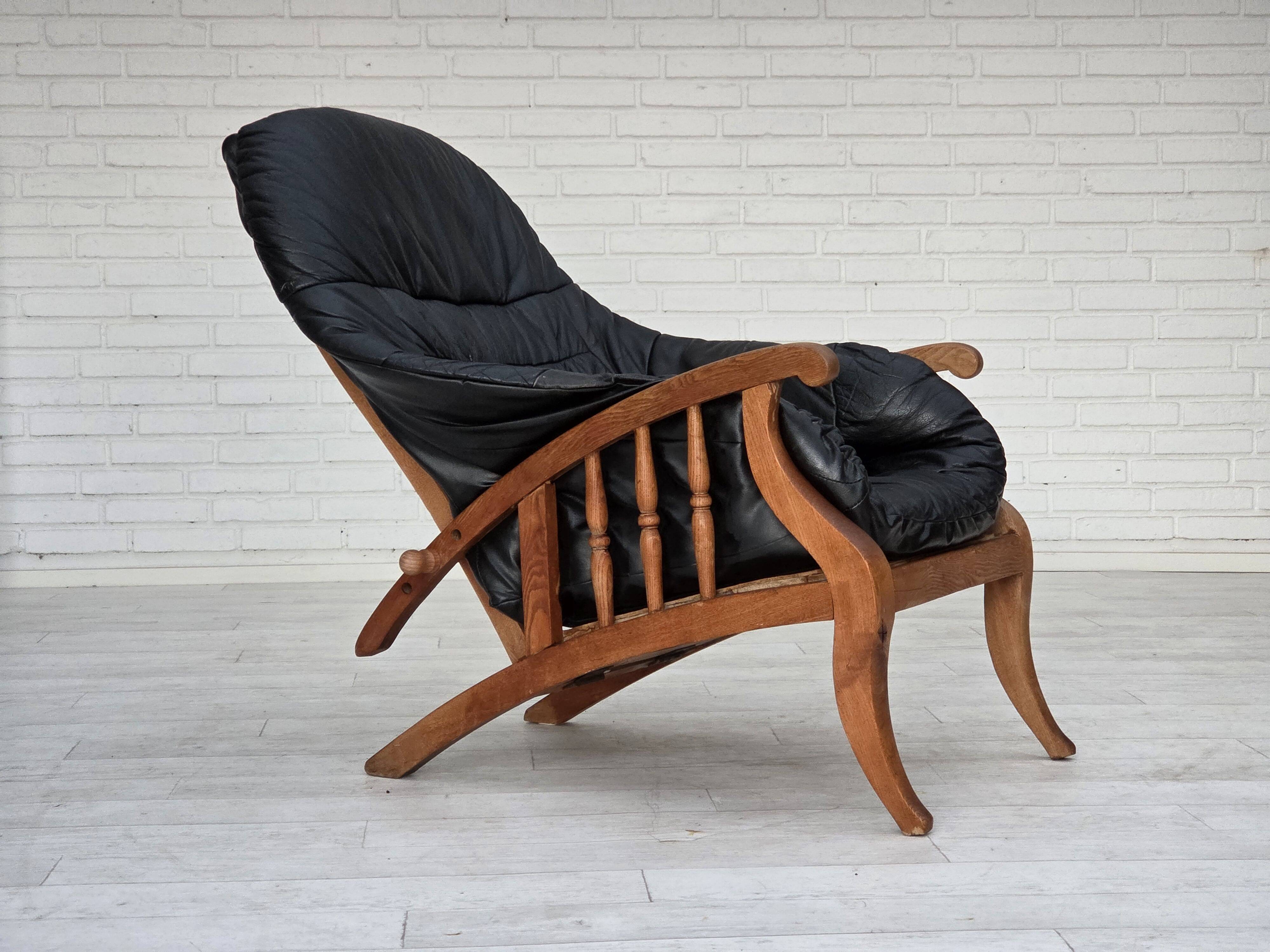 1950s, vintage adjustable armchair, black leather, ash wood.
