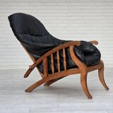 1950s, vintage adjustable armchair, black leather, ash wood.