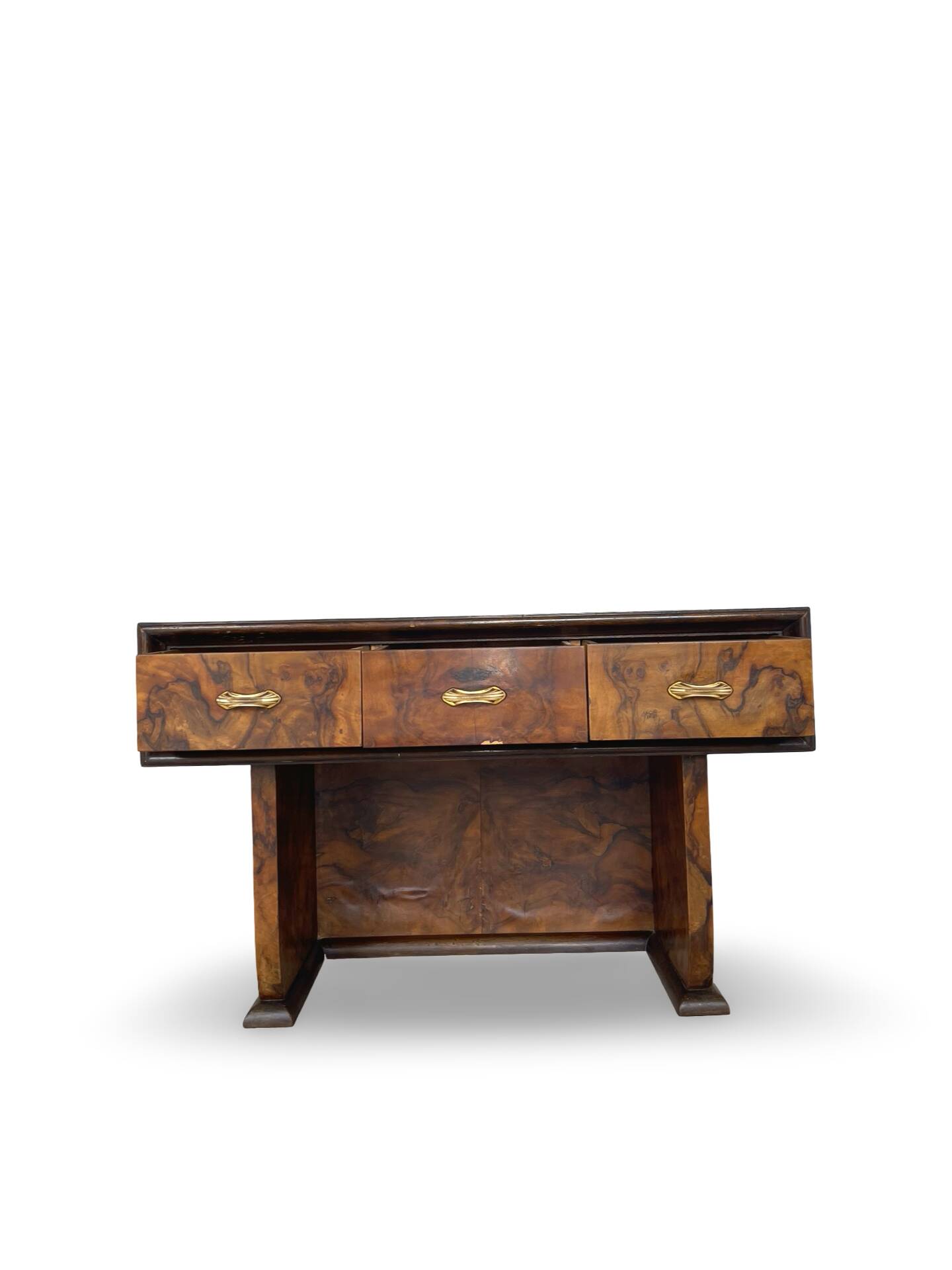 Italian burl walnut art deco console table, 1930s.