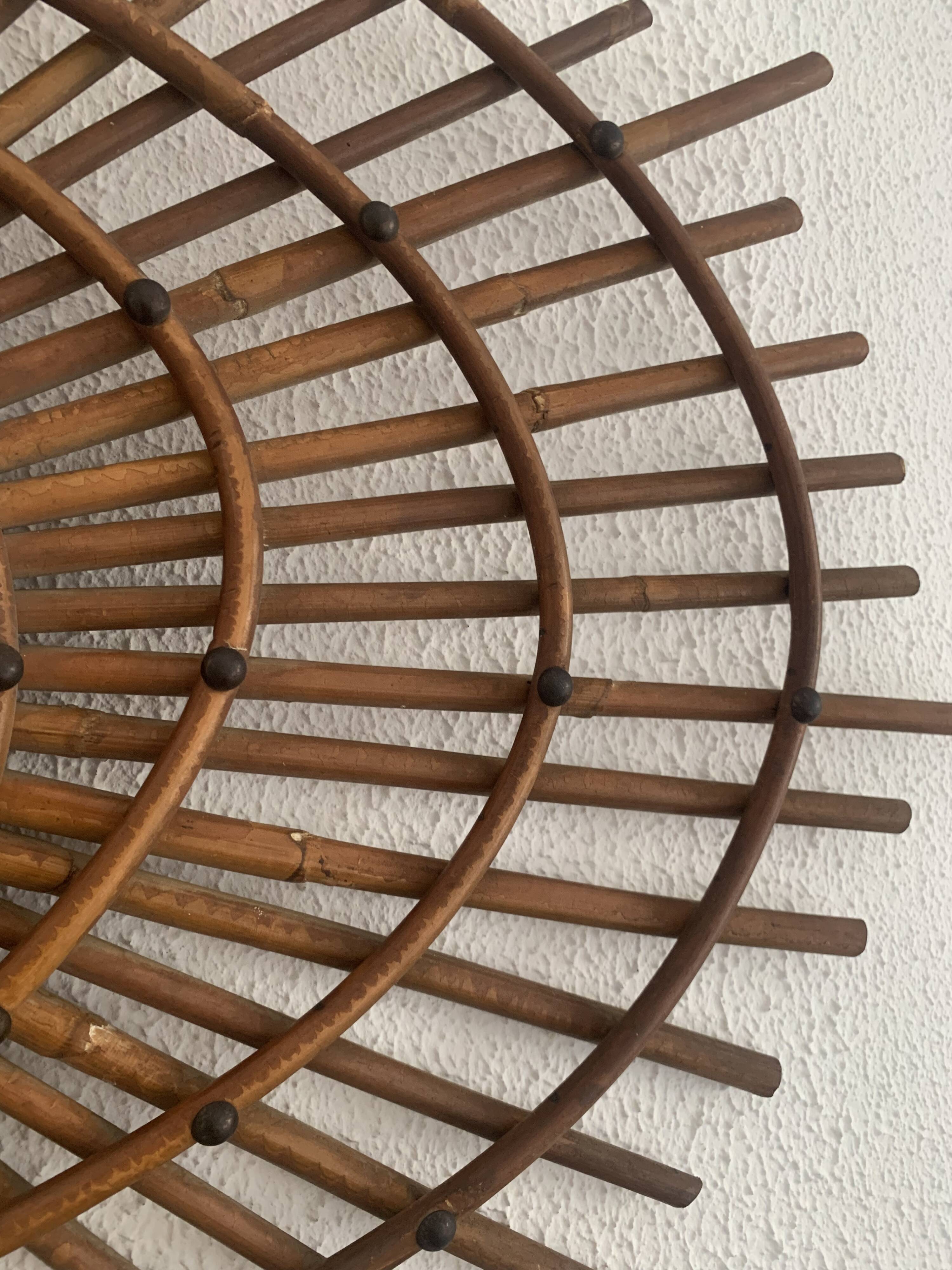 Miroir vintage 1960 soleil rotin style ORTF spirale - 80 x 62 cm