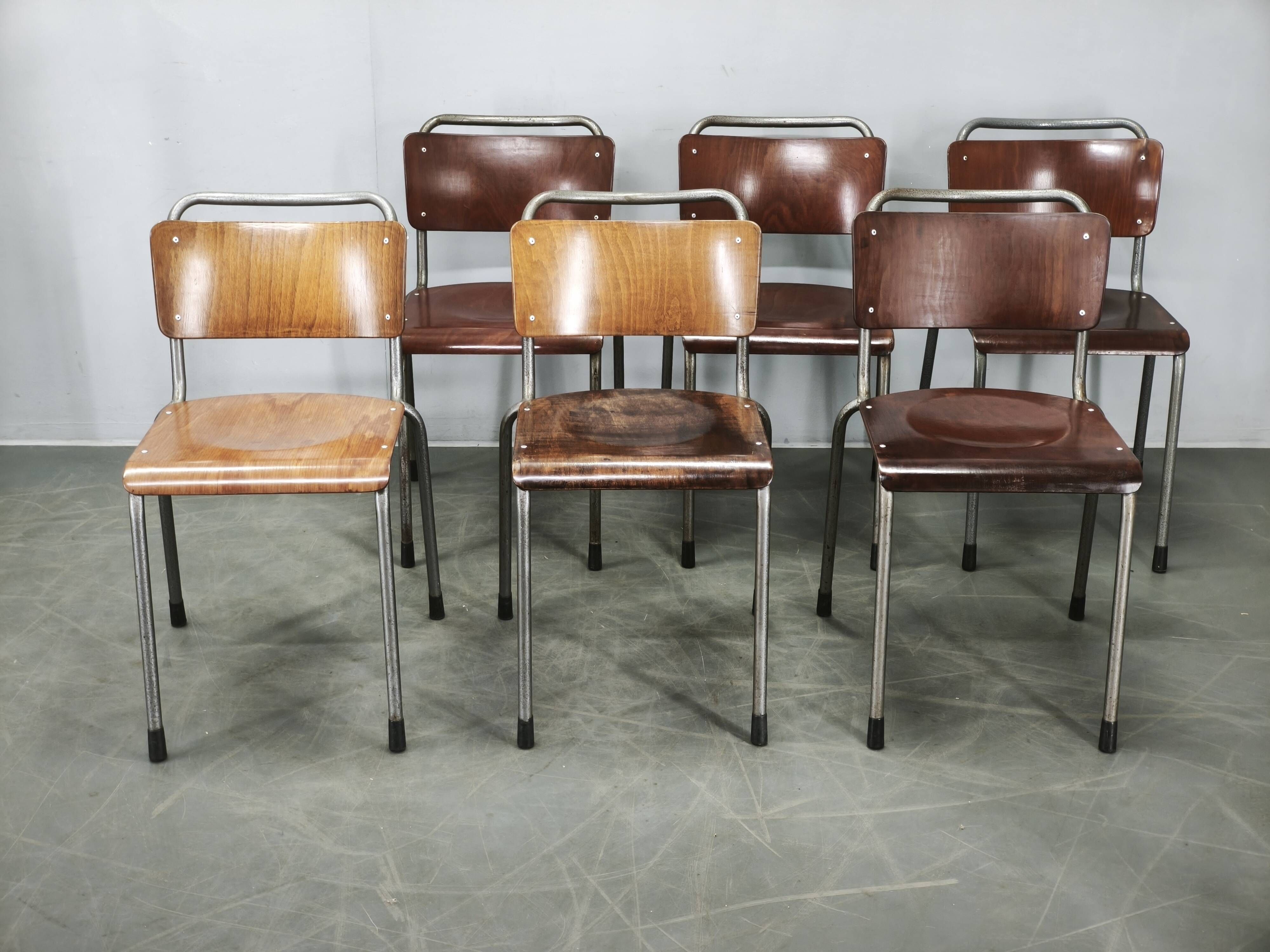 Set of 6 Gispen 106 Dutch Industrial Plywood Chairs, 1960s
