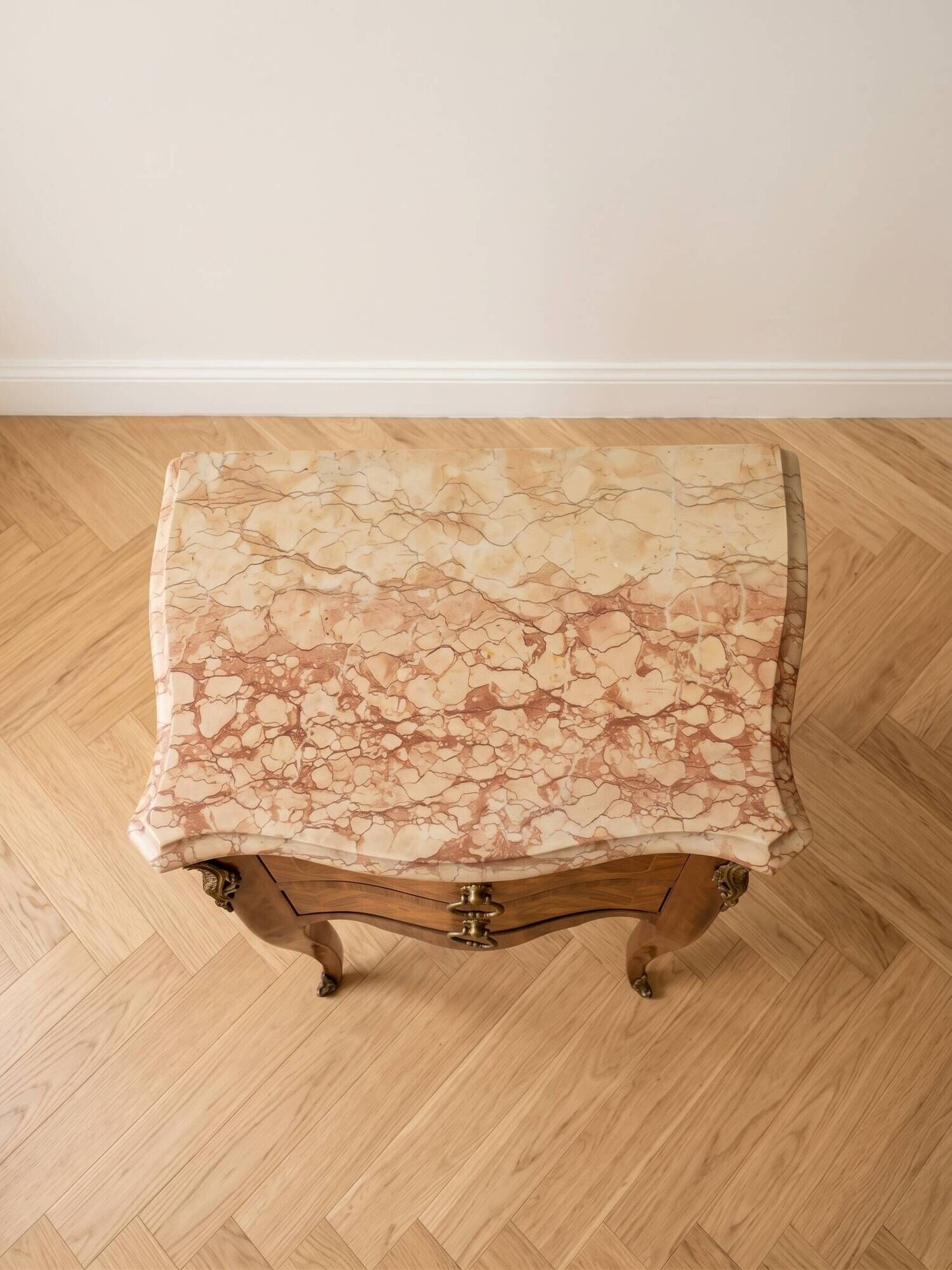 Louis XV style bedside table in marquetry wood and marble