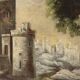 Old painting of a landscape with buildings, oil on canvas, 18th century.