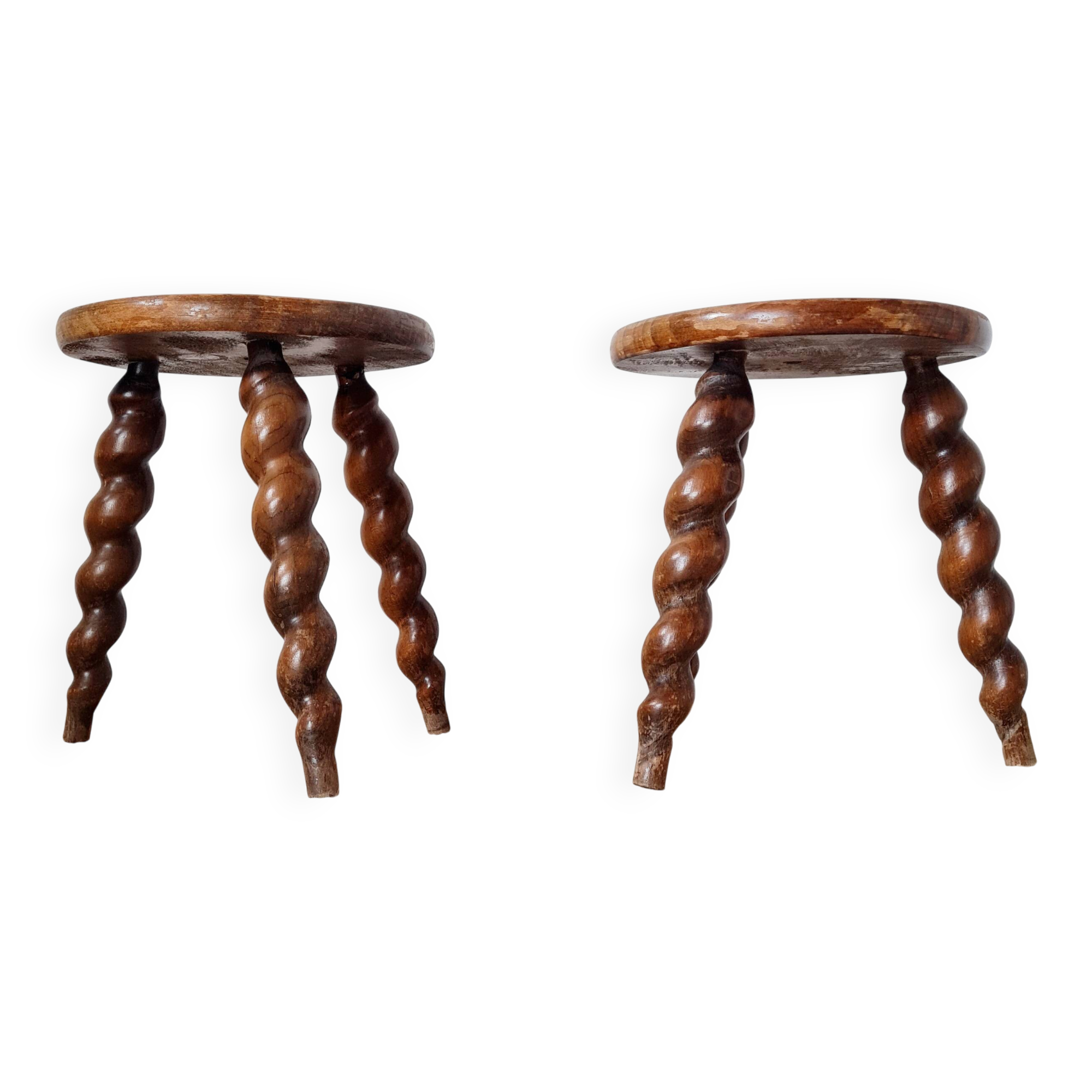 Paire de sellettes tripodes vintage en bois torsadé - tabourets