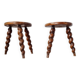 Paire de sellettes tripodes vintage en bois torsadé - tabourets